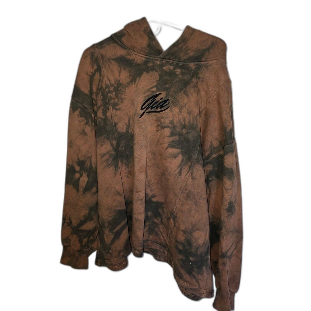 I.AM.GIA Brown Black Tie Dye Pullover Hoodie XS Embroidered Logo Raw Hem Cotton